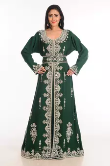 Green  Zari Work Stones & Beads Embellish Georgette  Islamic Style Arabian Maxi Partywear Kaftan