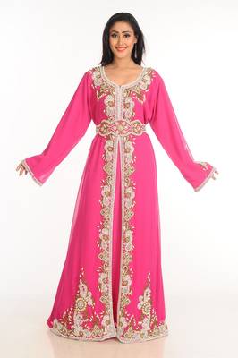 Pink Zari Work Stones & Beads Embellish Georgette  Islamic Style Arabian Maxi Partywear Kaftan 1