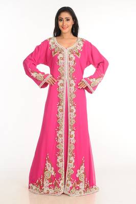 Pink Zari Work Stones & Beads Embellish Georgette  Islamic Style Arabian Maxi Partywear Kaftan 2