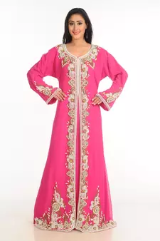 Pink Zari Work Stones & Beads Embellish Georgette  Islamic Style Arabian Maxi Partywear Kaftan