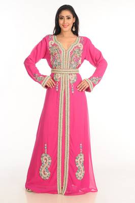 Pink Zari Work Stones & Beads Embellish Georgette  Islamic Style Arabian Maxi Partywear Kaftan 1