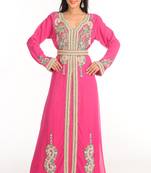 Pink Zari Work Stones & Beads Embellish Georgette  Islamic Style Arabian Maxi Partywear Kaftan