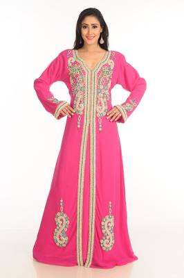 Pink Zari Work Stones & Beads Embellish Georgette  Islamic Style Arabian Maxi Partywear Kaftan 2