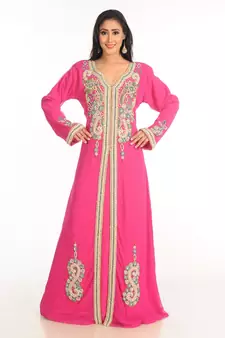 Pink Zari Work Stones & Beads Embellish Georgette  Islamic Style Arabian Maxi Partywear Kaftan