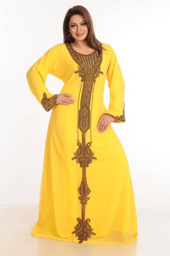 Yellow Zari Work Stones & Beads Embellish Georgette  Islamic Style Arabian Maxi Partywear Kaftan