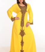 Yellow Zari Work Stones & Beads Embellish Georgette  Islamic Style Arabian Maxi Partywear Kaftan