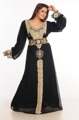 Black Zari Work Stones & Beads Embellish Georgette  Islamic Style Arabian Maxi Partywear Kaftan 1