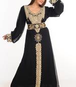 Black Zari Work Stones & Beads Embellish Georgette  Islamic Style Arabian Maxi Partywear Kaftan