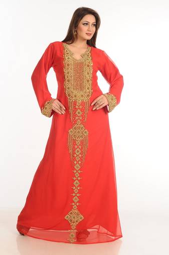 Red Zari Work Stones & Beads Embellish Georgette  Islamic Style Arabian Maxi Partywear Kaftan