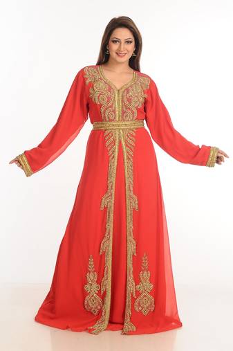 Red Zari Work Stones & Beads Embellish Georgette  Islamic Style Arabian Maxi Partywear Kaftan