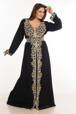 Black Zari Work Stones & Beads Embellish Georgette  Islamic Style Arabian Maxi Partywear Kaftan 1