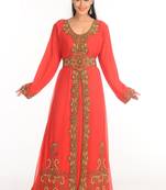 Red Zari Work Stones & Beads Embellish Georgette  Islamic Style Arabian Maxi Partywear Kaftan