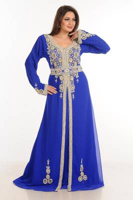 Blue Zari Work Stones & Beads Embellish Georgette  Islamic Style Arabian Maxi Partywear Kaftan 1