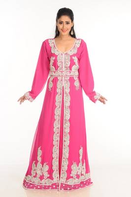 Pink Zari Work Stones & Beads Embellish Georgette  Islamic Style Arabian Maxi Partywear Kaftan 1