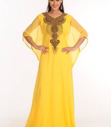 Yellow Zari Work Stones & Beads Embellish Georgette  Islamic Style Arabian Maxi Partywear Kaftan