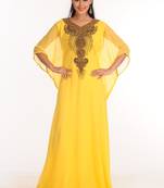 Yellow Zari Work Stones & Beads Embellish Georgette  Islamic Style Arabian Maxi Partywear Kaftan