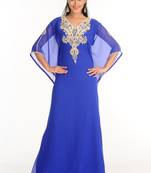 Blue Zari Work Stones & Beads Embellish Georgette  Islamic Style Arabian Maxi Partywear Kaftan