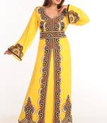 Yellow Zari Work Stones & Beads Embellish Georgette  Islamic Style Arabian Maxi Partywear Kaftan