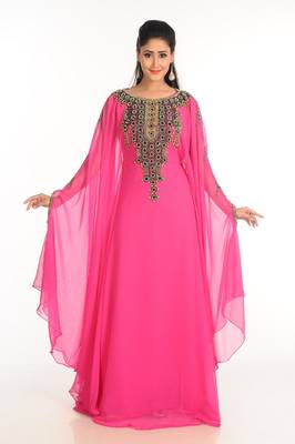 Pink Zari Work Stones & Beads Embellish Georgette  Islamic Style Arabian Maxi Partywear Kaftan 1