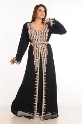 Black Zari Work Stones & Beads Embellish Georgette  Islamic Style Arabian Maxi Partywear Kaftan 1