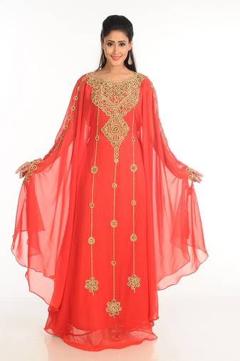Red Zari Work Stones & Beads Embellish Georgette  Islamic Style Arabian Maxi Partywear Kaftan