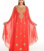 Red Zari Work Stones & Beads Embellish Georgette  Islamic Style Arabian Maxi Partywear Kaftan