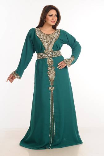 Teal Zari Work Stones & Beads Embellish Georgette  Islamic Style Arabian Maxi Partywear Kaftan