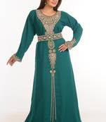 Teal Zari Work Stones & Beads Embellish Georgette  Islamic Style Arabian Maxi Partywear Kaftan