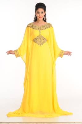Yellow Zari Work Stones & Beads Embellish Georgette  Islamic Style Arabian Maxi Partywear Kaftan 1