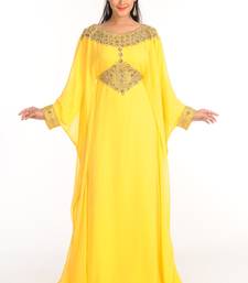 Yellow Zari Work Stones & Beads Embellish Georgette  Islamic Style Arabian Maxi Partywear Kaftan