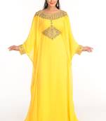 Yellow Zari Work Stones & Beads Embellish Georgette  Islamic Style Arabian Maxi Partywear Kaftan