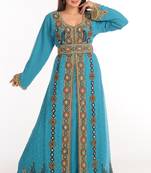 Teal Zari Work Stones & Beads Embellish Georgette  Islamic Style Arabian Maxi Partywear Kaftan