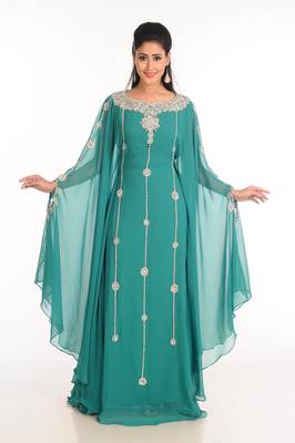 Green  Zari Work Stones & Beads Embellish Georgette  Islamic Style Arabian Maxi Partywear Kaftan 1