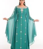 Green  Zari Work Stones & Beads Embellish Georgette  Islamic Style Arabian Maxi Partywear Kaftan