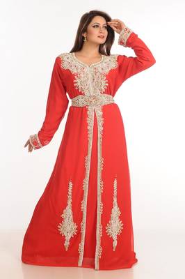 Red Zari Work Stones & Beads Embellish Georgette  Islamic Style Arabian Maxi Partywear Kaftan 1