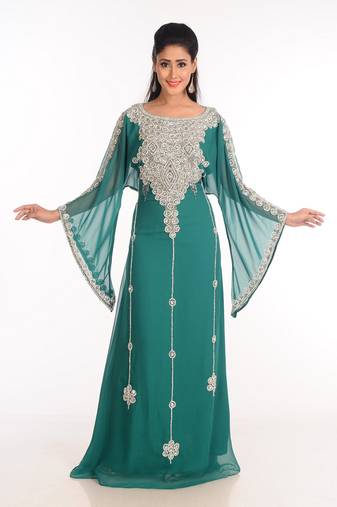 Green Zari Work Stones & Beads Embellish Georgette  Islamic Style Arabian Maxi Partywear Kaftan