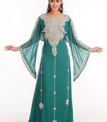 Green Zari Work Stones & Beads Embellish Georgette  Islamic Style Arabian Maxi Partywear Kaftan