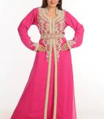 Pink Zari Work Stones & Beads Embellish Georgette  Islamic Style Arabian Maxi Partywear Kaftan