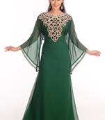 Green Zari Work Stones & Beads Embellish Georgette  Islamic Style Arabian Maxi Partywear Kaftan