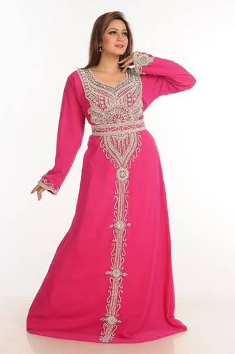 Pink Zari Work Stones & Beads Embellish Georgette  Islamic Style Arabian Maxi Partywear Kaftan