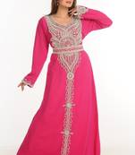 Pink Zari Work Stones & Beads Embellish Georgette  Islamic Style Arabian Maxi Partywear Kaftan