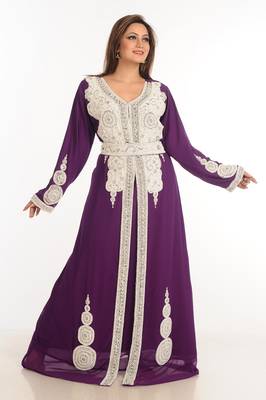 Wine Zari Work Stones & Beads Embellish Georgette  Islamic Style Arabian Maxi Partywear Kaftan 1