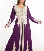 Wine Zari Work Stones & Beads Embellish Georgette  Islamic Style Arabian Maxi Partywear Kaftan