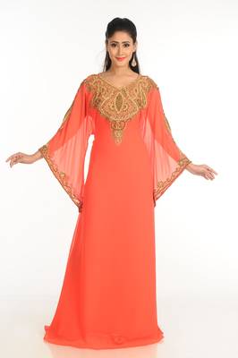 Peach Zari Work Stones & Beads Embellish Georgette  Islamic Style Arabian Maxi Partywear Kaftan 1