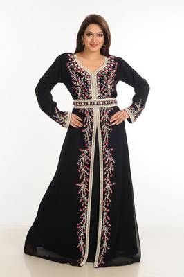 Black Zari Work Stones & Beads Embellish Georgette  Islamic Style Arabian Maxi Partywear Kaftan 1