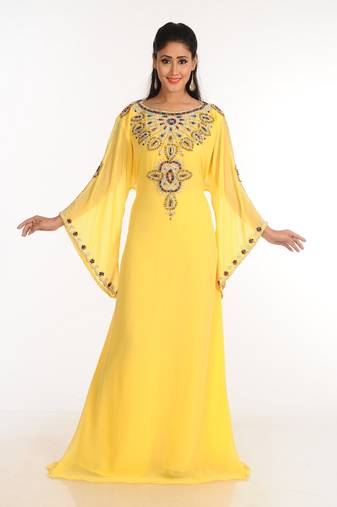 Yellow Zari Work Stones & Beads Embellish Georgette  Islamic Style Arabian Maxi Partywear Kaftan