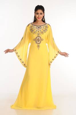 Yellow Zari Work Stones & Beads Embellish Georgette  Islamic Style Arabian Maxi Partywear Kaftan 1