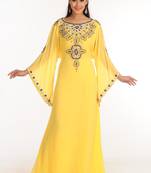Yellow Zari Work Stones & Beads Embellish Georgette  Islamic Style Arabian Maxi Partywear Kaftan