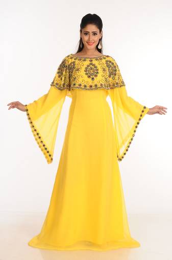 Yellow Zari Work Stones & Beads Embellish Georgette  Islamic Style Arabian Maxi Partywear Kaftan