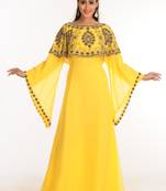 Yellow Zari Work Stones & Beads Embellish Georgette  Islamic Style Arabian Maxi Partywear Kaftan